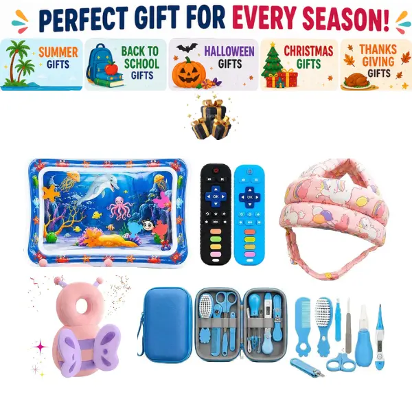 5-Pack Baby Care Bundle - Head Protection Backpack, Safety Helmet, Teether Remote, Newborn Grooming Kit, Tummy Time Water Mat