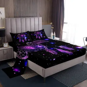Dreamcatcher Bed Sheet Set,Bohemian Sheet Set,4pcs Soft Polyester Fitted Sheet + Boho Flat Sheet + Purple Mandala Bedding Set for Girls