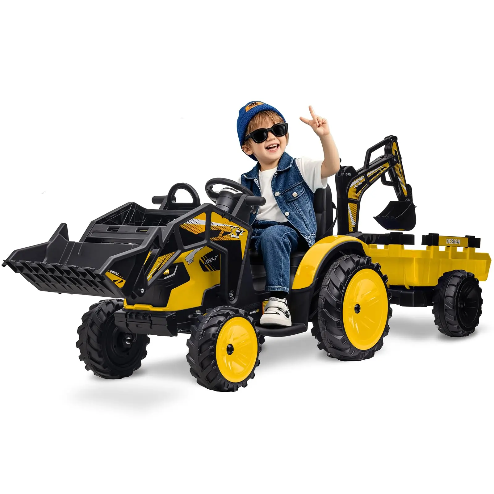 GARVEE 3 in 1 Ride On Tractor Electric Vehicle with 24V Battery, Featuring Excavator, Bulldozer, Digger, Trailer, Remote Control, LED Lights, Music, USB, and Yellow Design for Big Users