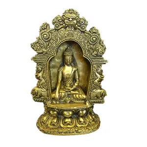 Meditating Buddha Temple Sculpture Yali Lion Arch Frame Brass Statue