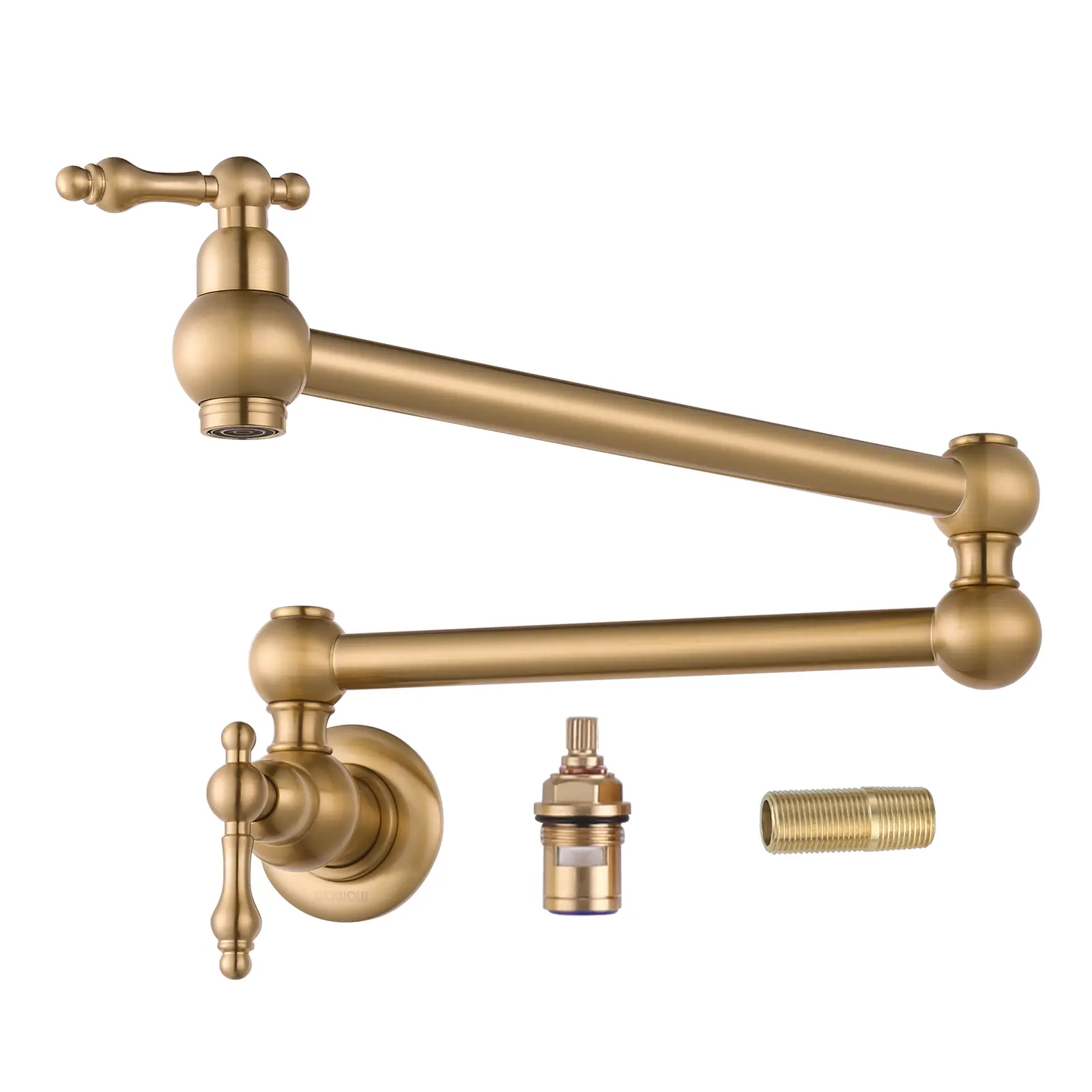 WOWOW Solid Brass Wall-Mount Pot Filler Faucet, 2-Handle Double-Joint Swing Arm Single-Hole Commercial Over-Stove Kitchen Fixture with Water-Saving Faucet Aerator