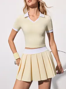 Women's Sportswear Set Tennis Golf Outdoor Training Colorblock Polo Neck Top Pleated Short Skirt Running Exercise Stretchable Activewear Fashion Set