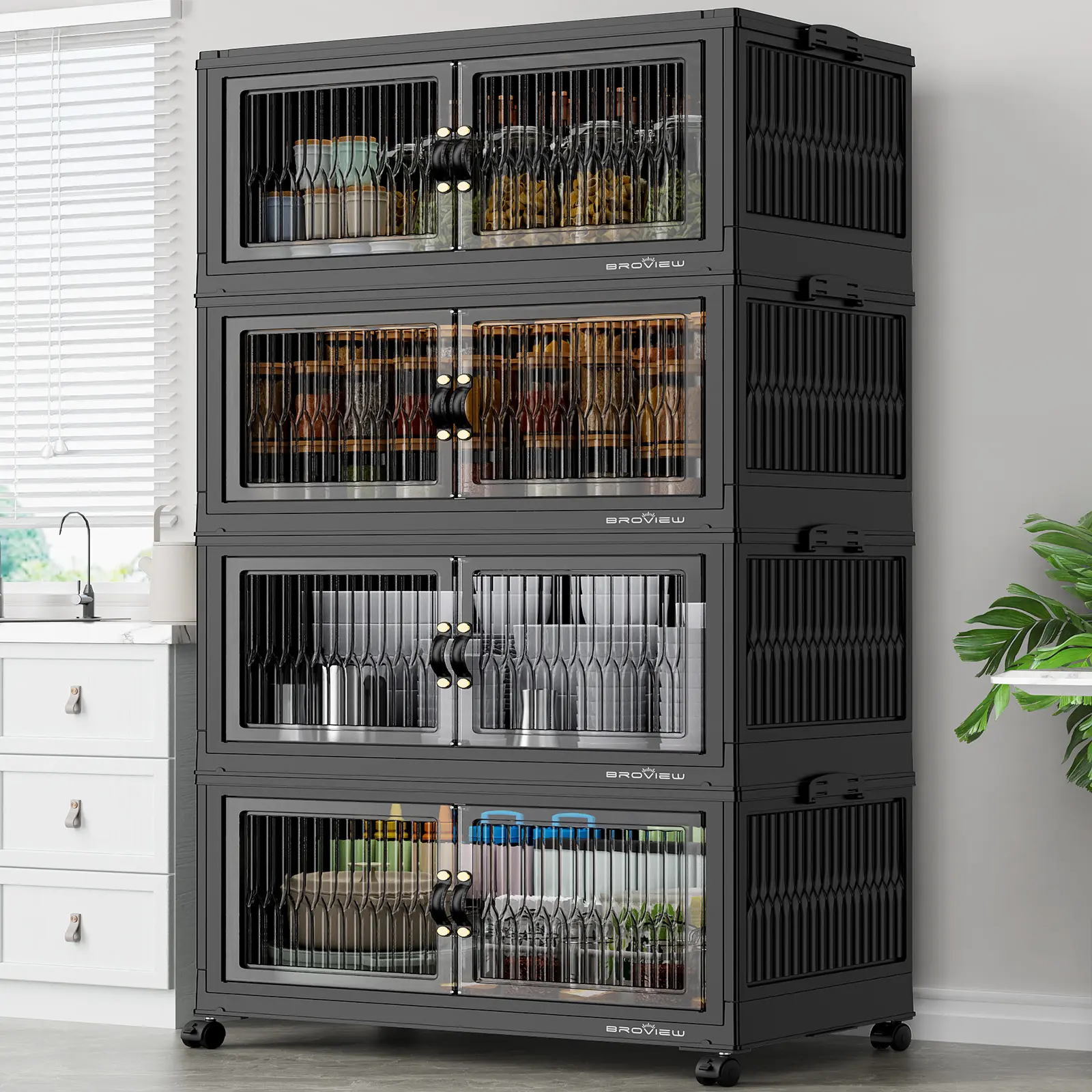 Broview V8 Rectangle Stackable Storage Bins with Lids & Transport Wheels, 120Qt Each (360Qt/480Qt/600Qt Sets), Extra Large Collapsible Clothes Organizer Folding Plastic Boxes for Home Kitchen