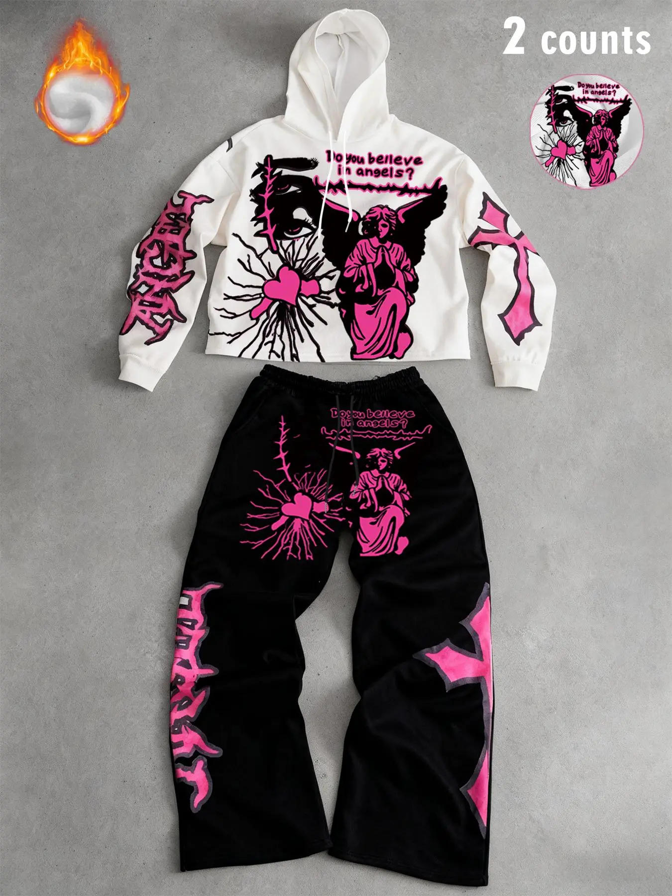 Men's and women's TikTok hit, Y2K-style, Spring, Graphic, Hearts, Long sleeve, Fitted 2-piece set featuring a pink angel with fleece lining and a hooded sweatshirt, paired with long pants, suitable for streetwear, couples' outfits