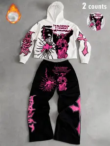 Men's and women's TikTok hit, Y2K-style, Graphic, Hearts, Fitted 2-piece set featuring a pink angel with fleece lining and a hooded sweatshirt, paired with long pants, suitable for streetwear, Y2K fashion, gothic fashion, couples' outfits