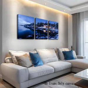 Winter Snow Wall Art Set, Modern Minimalist Design, Canvas Print Living Room Decor, Bathroom Wall Decoration, Quiet Blue Lake Village Painting, Bedroom Office Home Decor