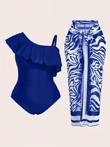 2026 Summer Blue One-Shoulder Ruffle Swimsuit with Cover Skirt Luxurious and Elegant Two-Piece Vacation Swimwear Perfect Choice for Vacation and Pool - SummerVibes