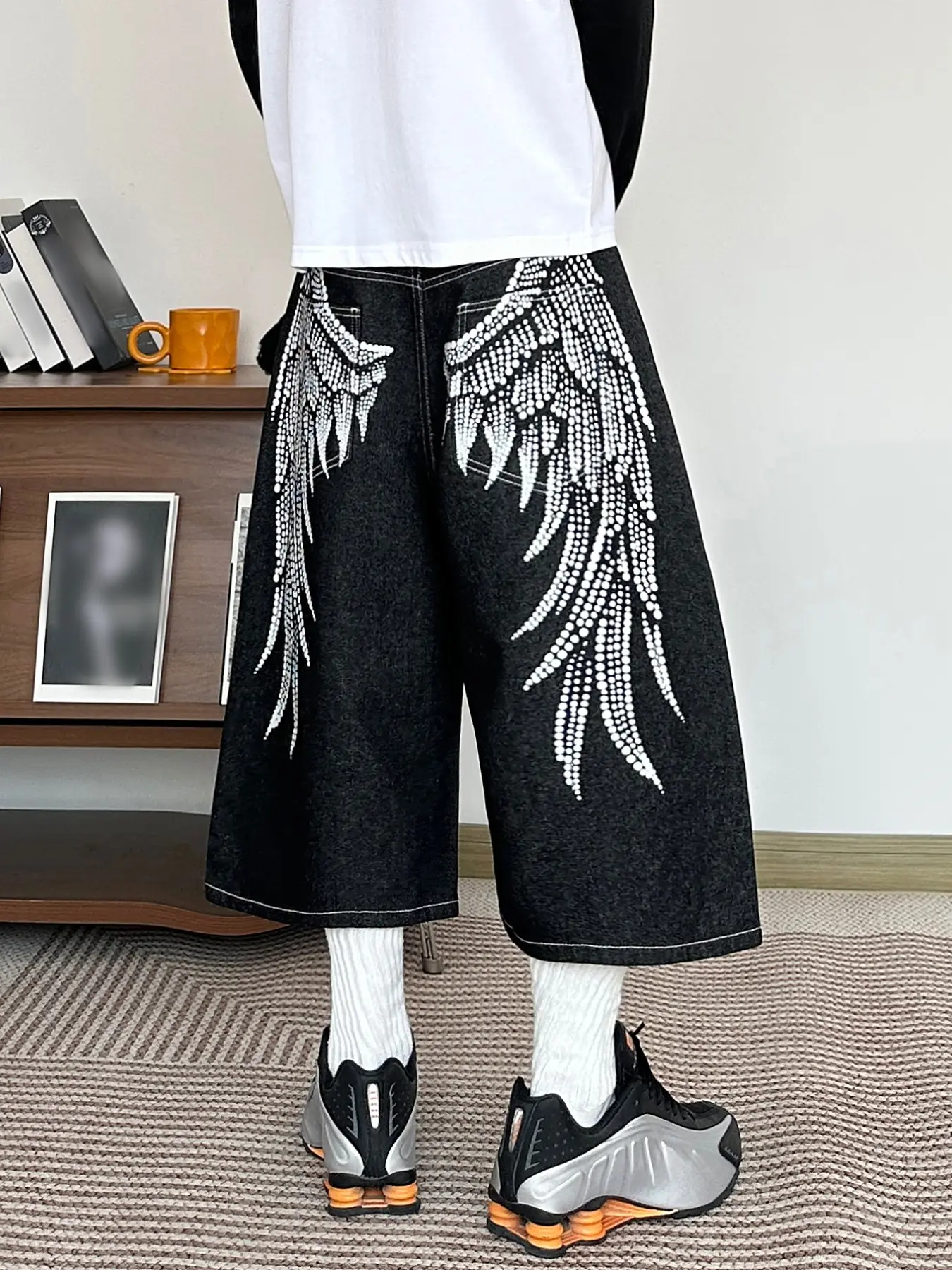 Men's Denim Jean Shorts, Wing Pattern, Loose Fit, Baggy, Comfortable Streetwear Style, Multiple Sizes Available, Casual Daily Wear