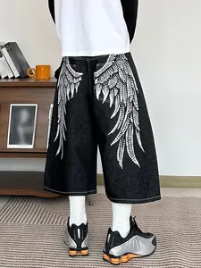 Men's Denim Shorts, Wing Pattern, Loose Fit, Comfortable Street Style, Multiple Sizes Available, Casual Daily Wear