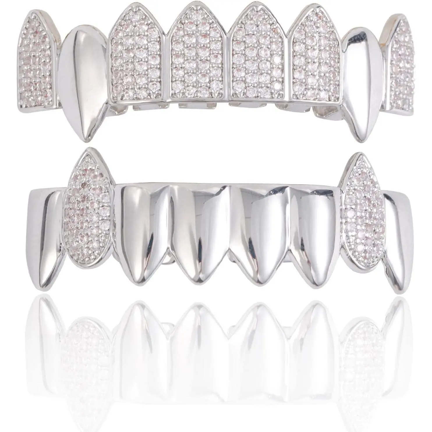 Iced Out Vampire Fang Grillz, Silver Plated with 5A Zircon, Unisex Hip Hop Jewelry for Halloween Parties, Single Top Piece with Dental Wax & Tweezers, Single Item, Vampire Fangs, Teeth Grillz, Halloween Aesthetic, Zircon Inlay, Exquisite Craftsmanship, Sh