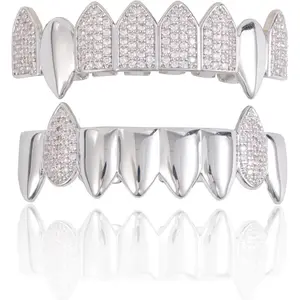 Grillz street Hip Hop personality Gold Shiny Copper gold-plated teeth Grillz Vampire fangs Grills Daily wear Halloween and Party Unisex - Comes With Tweezer & Dental Wax (8002Silver)