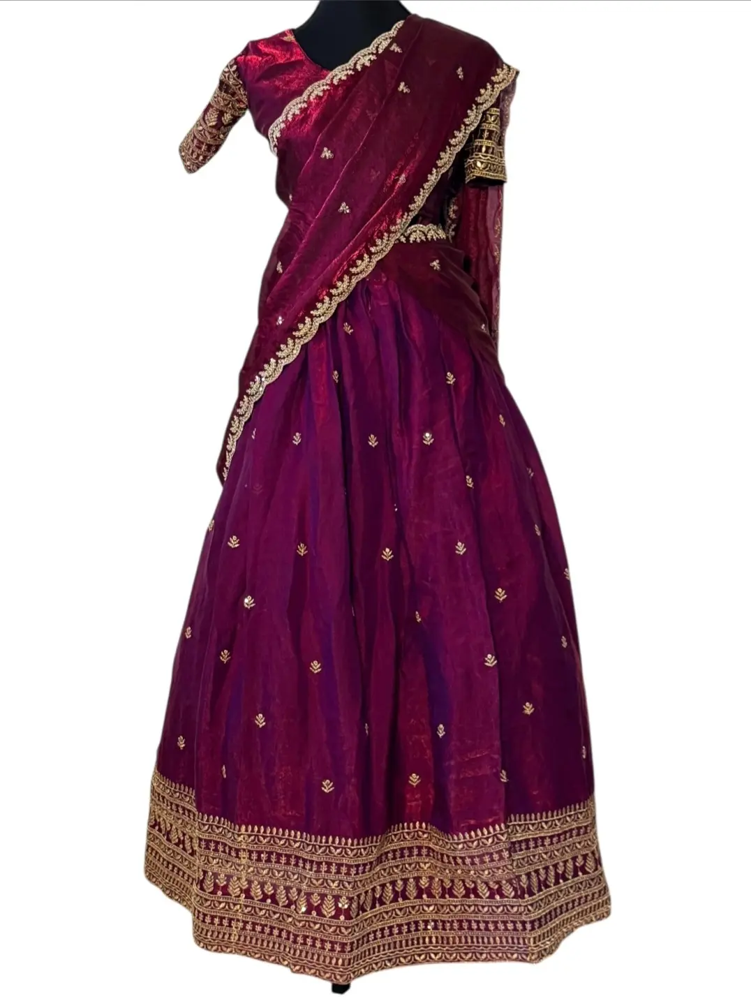 Traditional Lehenga Choli Set in Rich Burgundy with Gold Embroidery for Weddings Parties and Celebrations
