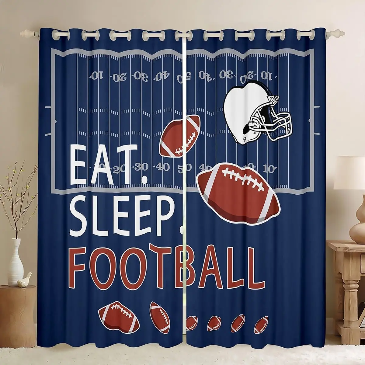 Feelyou Navy Blue Home Decoration Curtains - Sporty Velvet Privacy Grommet Drapes, Rugby & Football Field Print, 38W X 45L Light-Blocking Window Treatments, 2 Panels for Bedroom, Household Textile Blue Contrast Drapes, Home Decoration Curtain, Home Textil