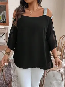 Plus Off-Shoulder Batwing Sequin Woven Blouse Shirts for Women, Stylish Chic Loose-Fitting Top for Spring & Fall, Trendy Casual Wear for Any Occasion, Womenswear