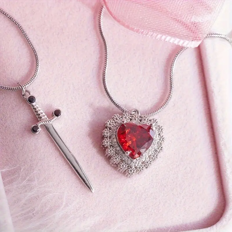 2-piece necklace set - sword and heart pendant, party jewelry gift for Halloween, birthday, anniversary