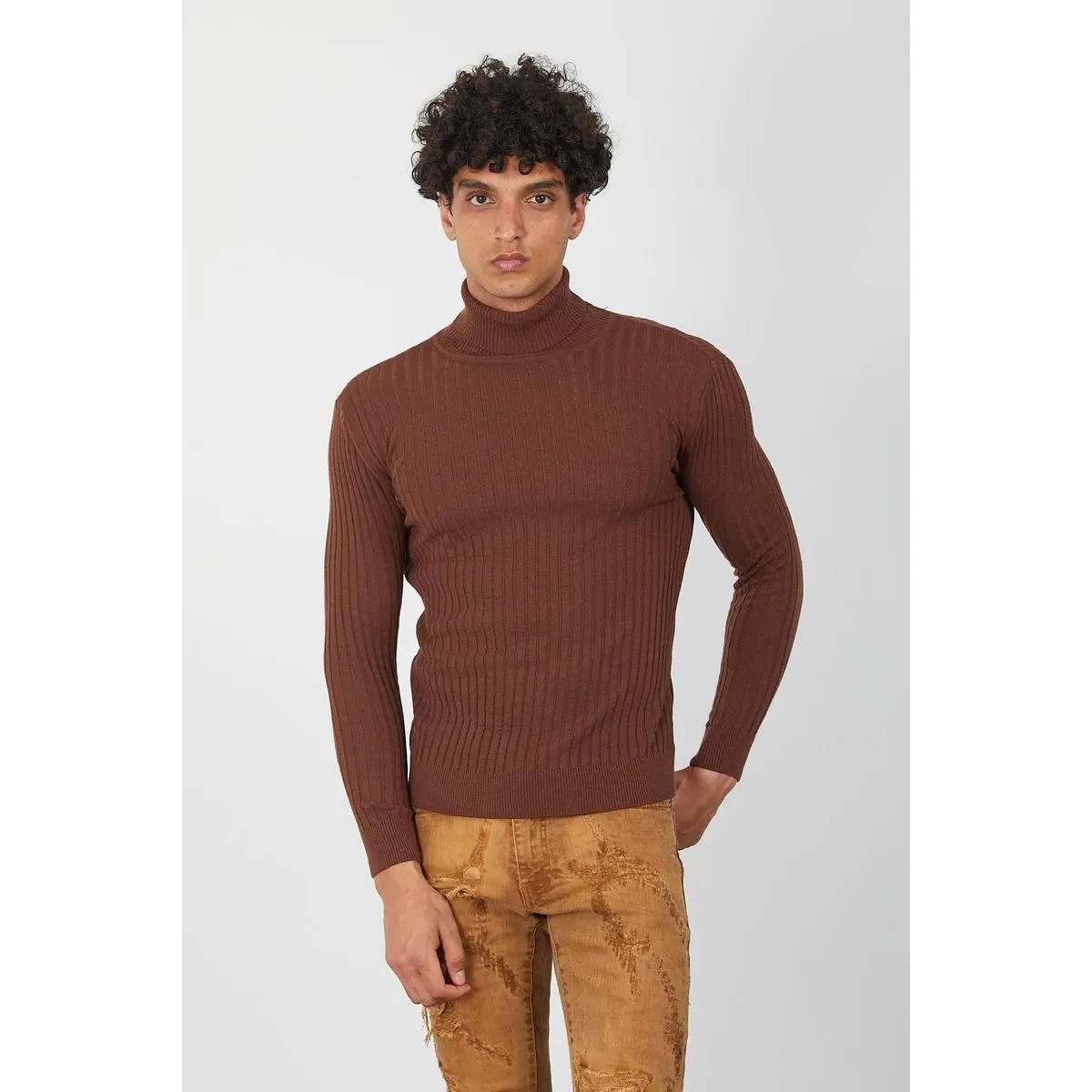Brown Men’s Turtleneck Sweater-Soft Knit Slim Pullover