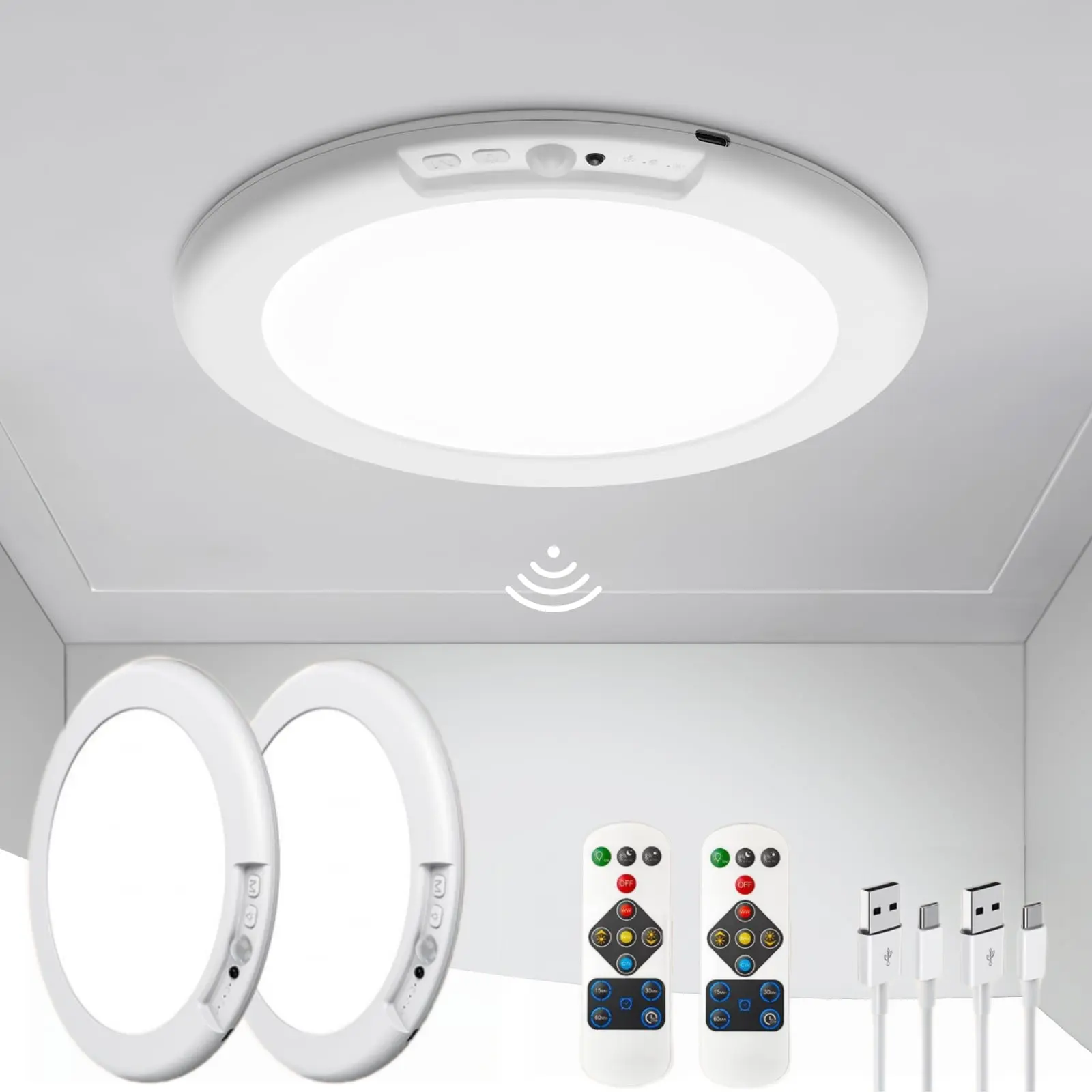 Rechargeable Motion Sensor Ceiling Light with Remote Control - ABS Magnetic Wireless Battery-Powered Light, 120° Detection Angle, Ideal for Closet, Stairs, RV