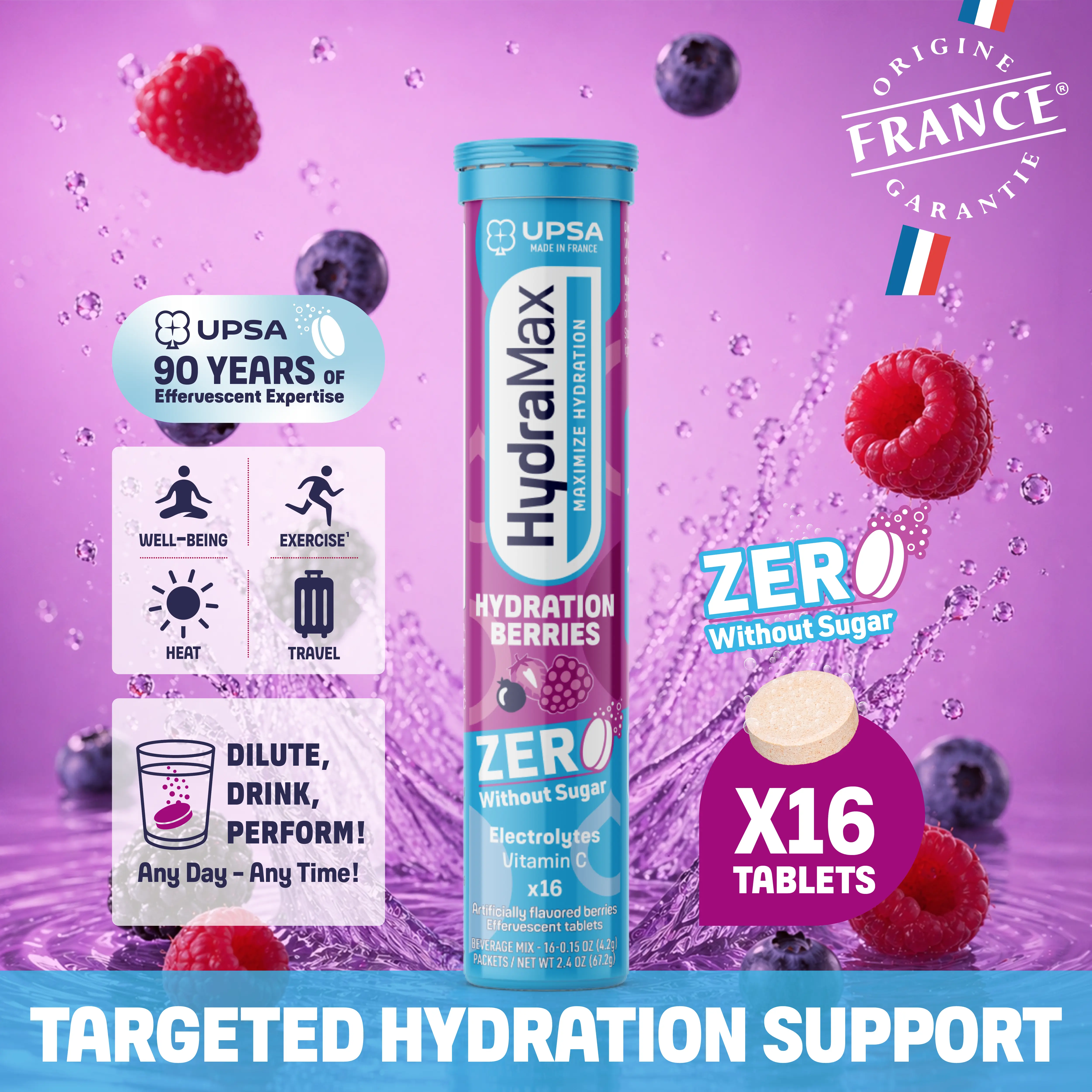 HydraMax Hydration Berries Sugar-Free Electrolyte Complex Effervescent Tablets - Dietary, Magnesium, Berry Flavor, 16 Count, Daily Selfcare Multivitamin Supplement