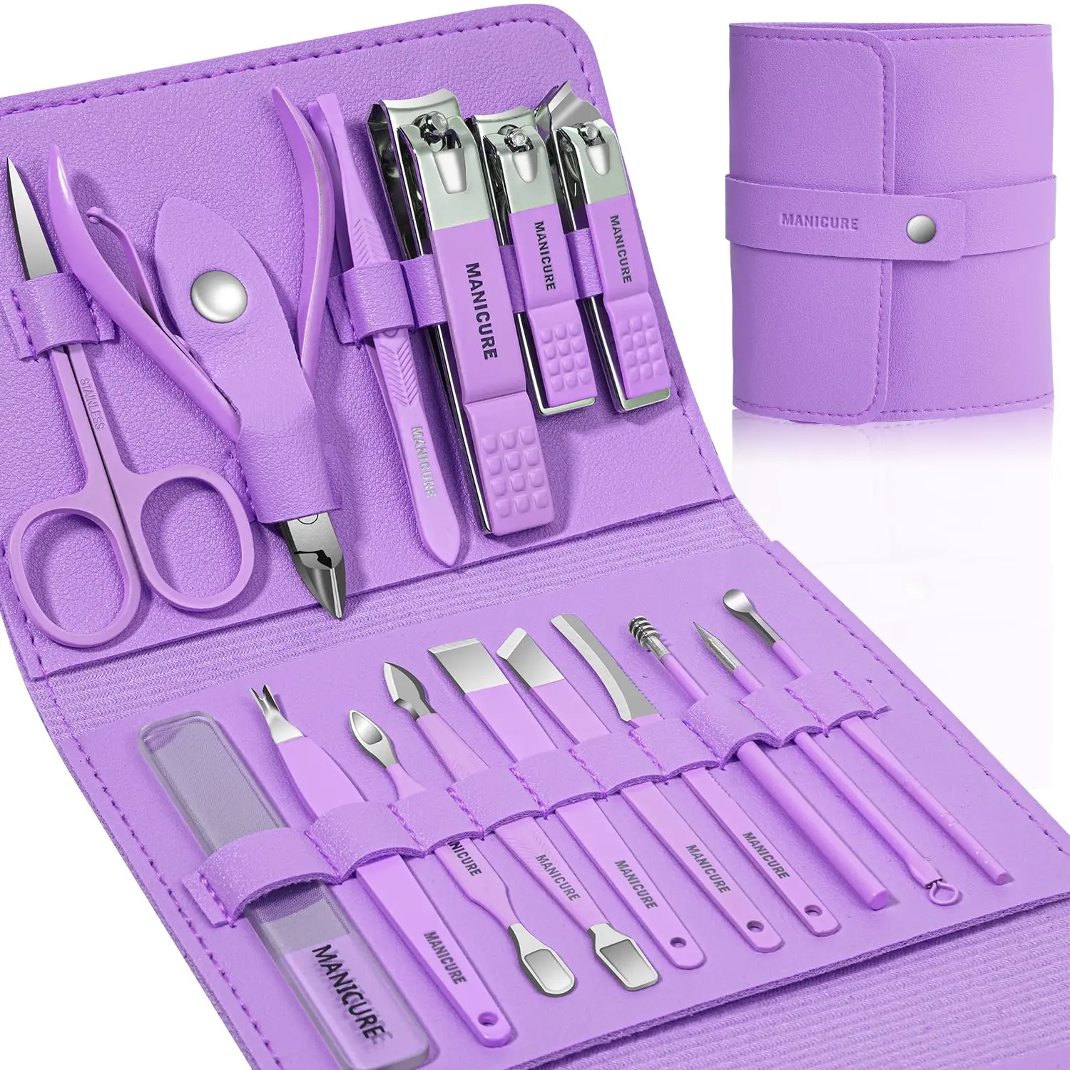 Manicure Set Professional Nail Clippers Pedicure Kit, 16 pcs Stainless Steel Nail Care Tools Grooming Kit with Luxurious Travel Leather Case for Thick Nails Men Women Gift (Violet)(Green) Cutics tiktokshopbacktoschool