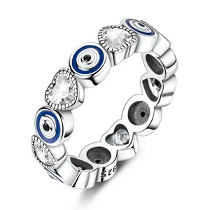 NARMO S925 Silver-Plated Evil Eye & Heart Ring - Bezel Setting, Diamond-Encrusted, Gem-Laden, Large Gemstone Heart Sign Ring with Cubic Zirconia, Unique Gift for Women, Ideal for Birthdays, Valentine's Day, Bezel Setting Rings, Diamond-Encrusted Heart-Sha