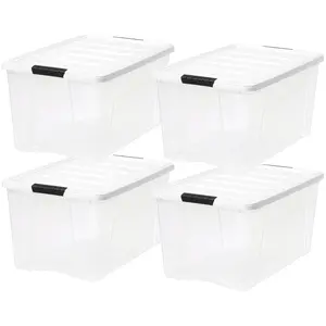 IRIS USA 4 Pack 72 Quart Stackable Plastic Storage Bins with Lids, Clear/White