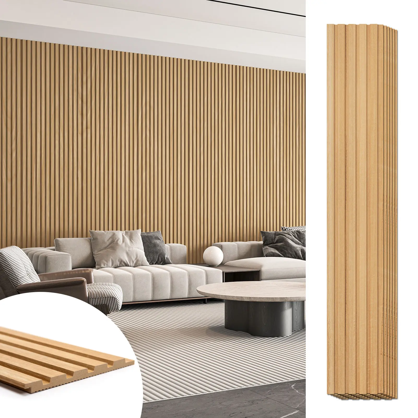 Art3d 6-Pack 3D Textured MDF Wood Slat Soundproof Wall Panels, 94.6"x7.4", 28.91 Sq.Ft. Coverage, DIY Contemporary Wainscoting for Interior Living Room & House Decor, Entryway Wall Trim