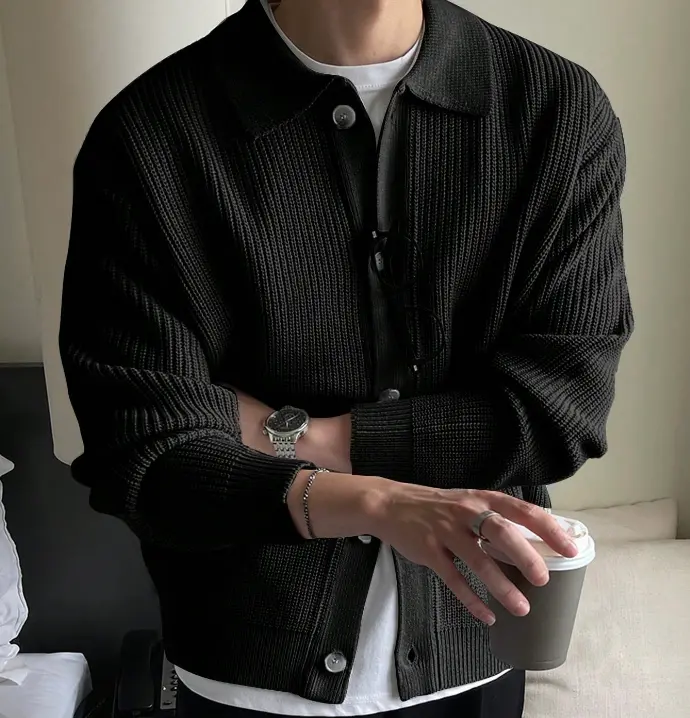 #Sohochic Men's Premium Oversized Ribbed Knit Cardigan, Longsleeves Lapel Collar Button-Down Sweater Jacket - Menswear Knitwear Men's Clothing Polyester for Autumn Winter