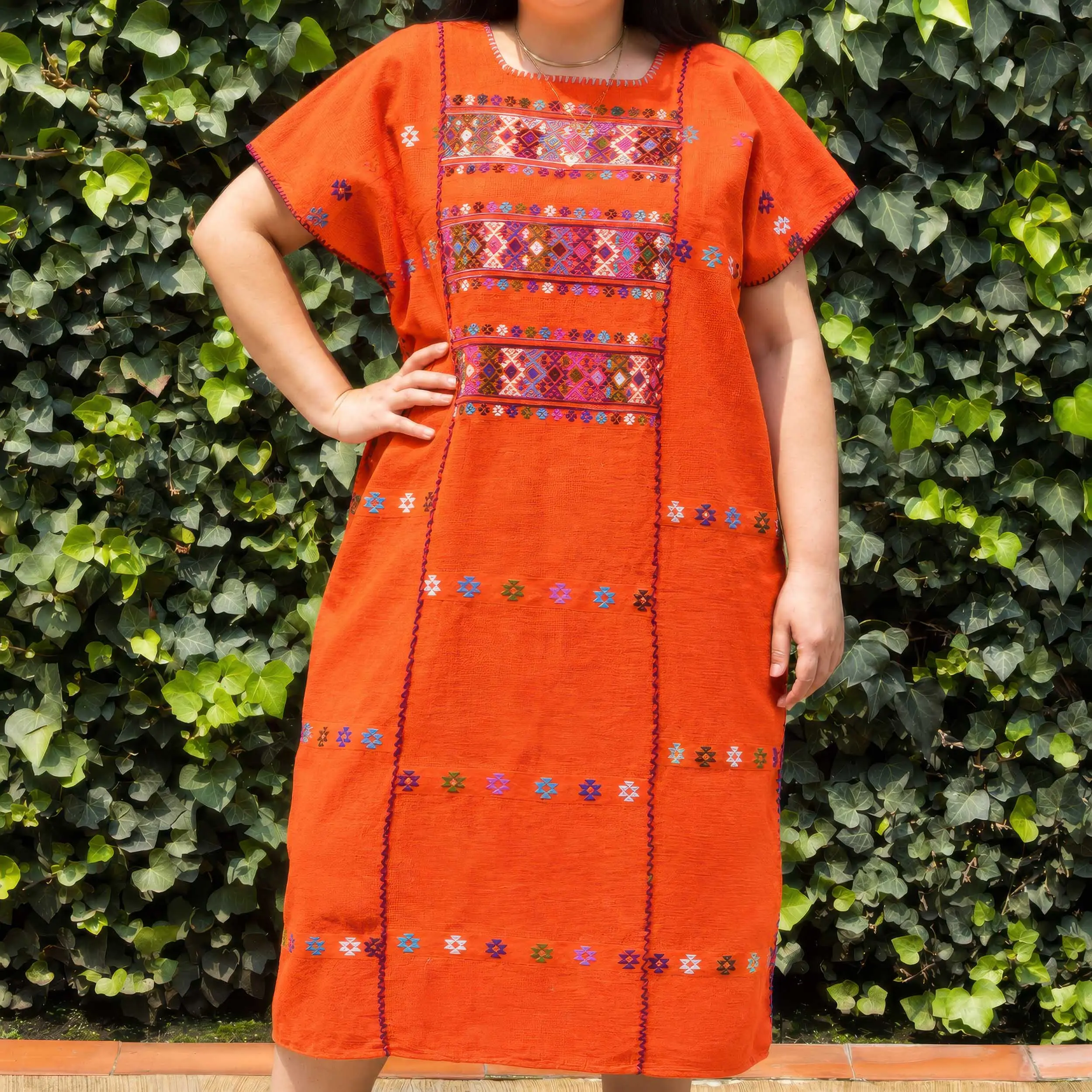 Women's Artisanal Traditional Huipil Long Dress - Hand-Woven Oaxacan Cotton Casual Wear, Ethnic Geometric Print, Crocheted Bottom Hem, Floral Jacquard, 3XL Size Tunic, Hand-Woven Cotton
