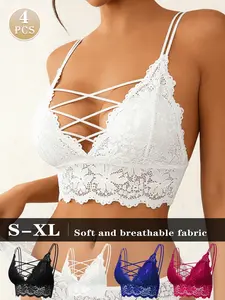 4pcs Wireless Lace Lift Elegance Bralette | Side Smoothing & Push Up Support | Crisscross V-Neck Design | Seamless Comfort Underwire-Free Bra for Women Strappy Bra