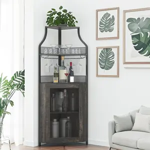 【GARVEE】61" Tall Farmhouse Corner Bar Cabinet with LED Light, Detachable Wine Rack, 5-Tier Industrial Wine Cabinet Featuring Glass Holder, Adjustable Shelves and Feet for Dining, Living Room, Kitchen
