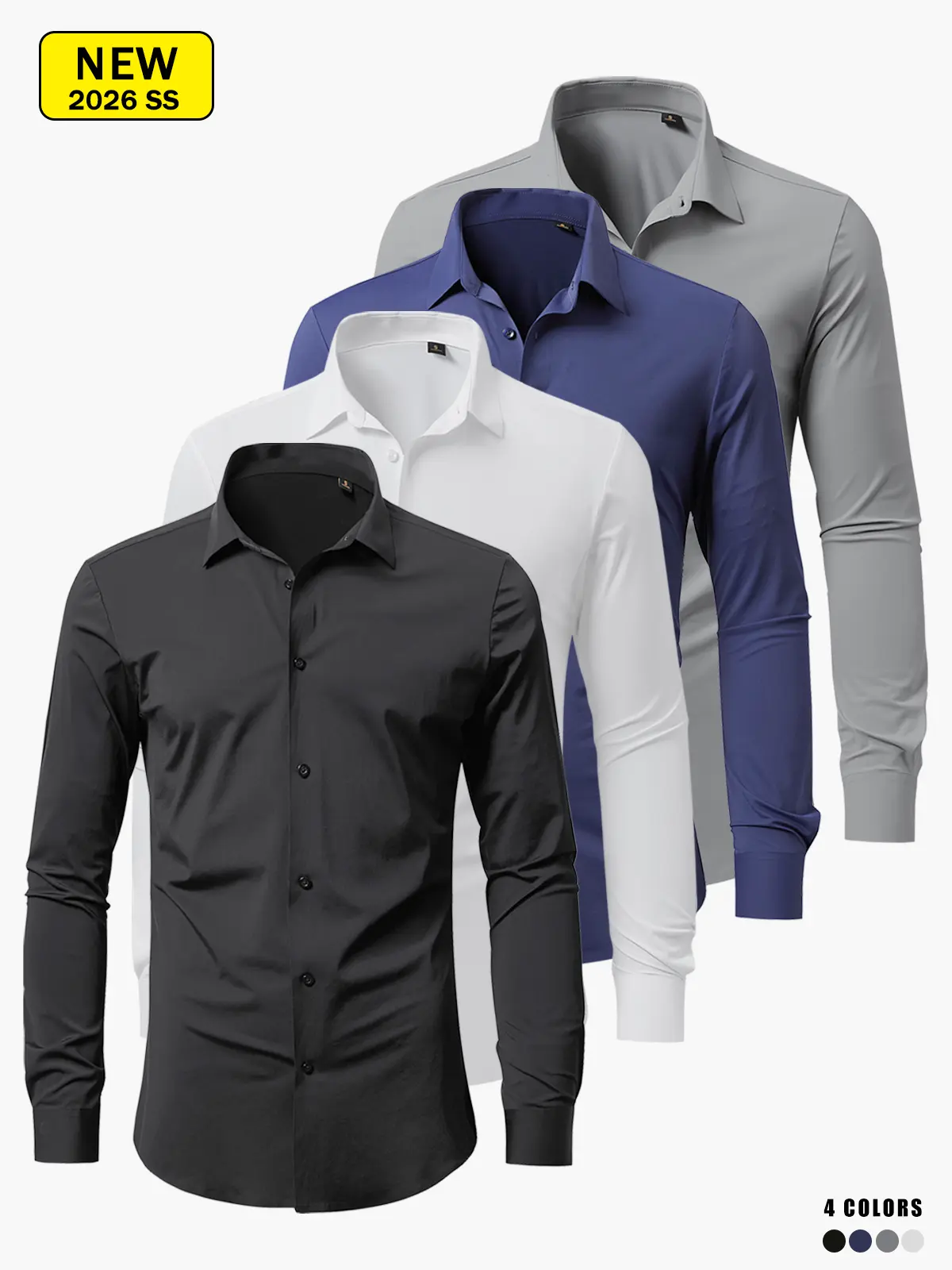 Men's Business Casual Suit Long Sleeve Shirt, High Elasticity, Wrinkle Resistant, Slim Fit