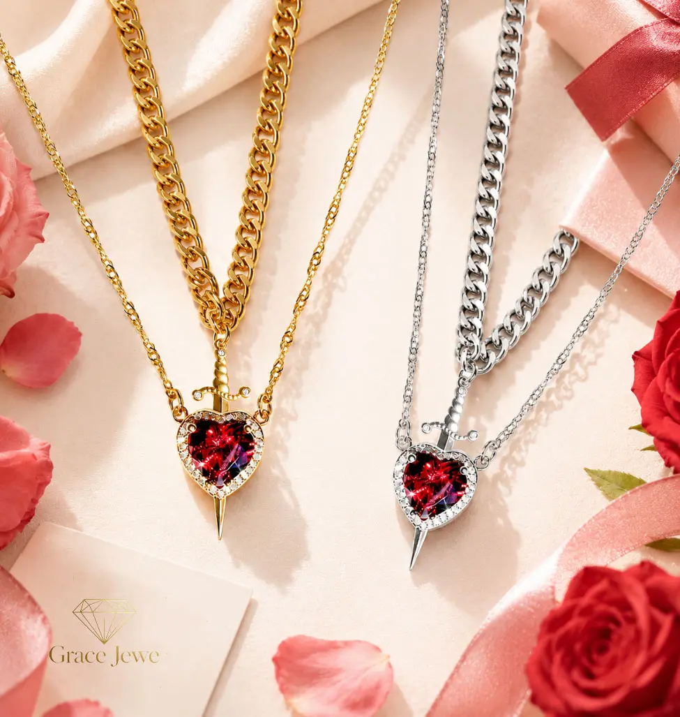 Elegant Couples' Necklace Set with Bling Amour Heart & Cross Dagger Pendants, 2-Layer Stackable Alloy Chain, Red Rhinestone Jewelry Gift, Amour Heart Necklace, Exquisite Jewelry Gift, Elegant Rhinestone Necklace