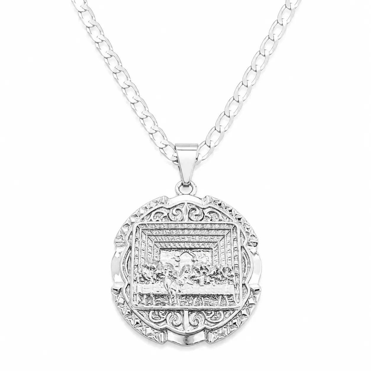 S925 Fine Silver-Plated Last Supper Pendant Chain Necklace, Unisex Ethnic Jewelry with 4MM Shining Cuban Link Chain (22in), Cuban Style Chain