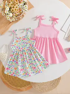 Girls' dress, girls' two-piece solid color camisole dress and cartoon pattern camisole dress, casual cute and elegant dress, girls' clothing, suitable for outdoor play, Tank Dress