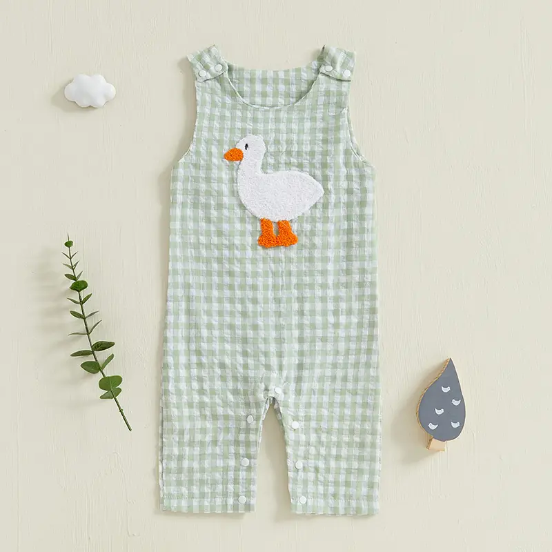 Baby Boys Jumpsuit, Sleeveless Crew Neck Plaid Embroidery Duck Summer Romper Clothes for Casual Daily