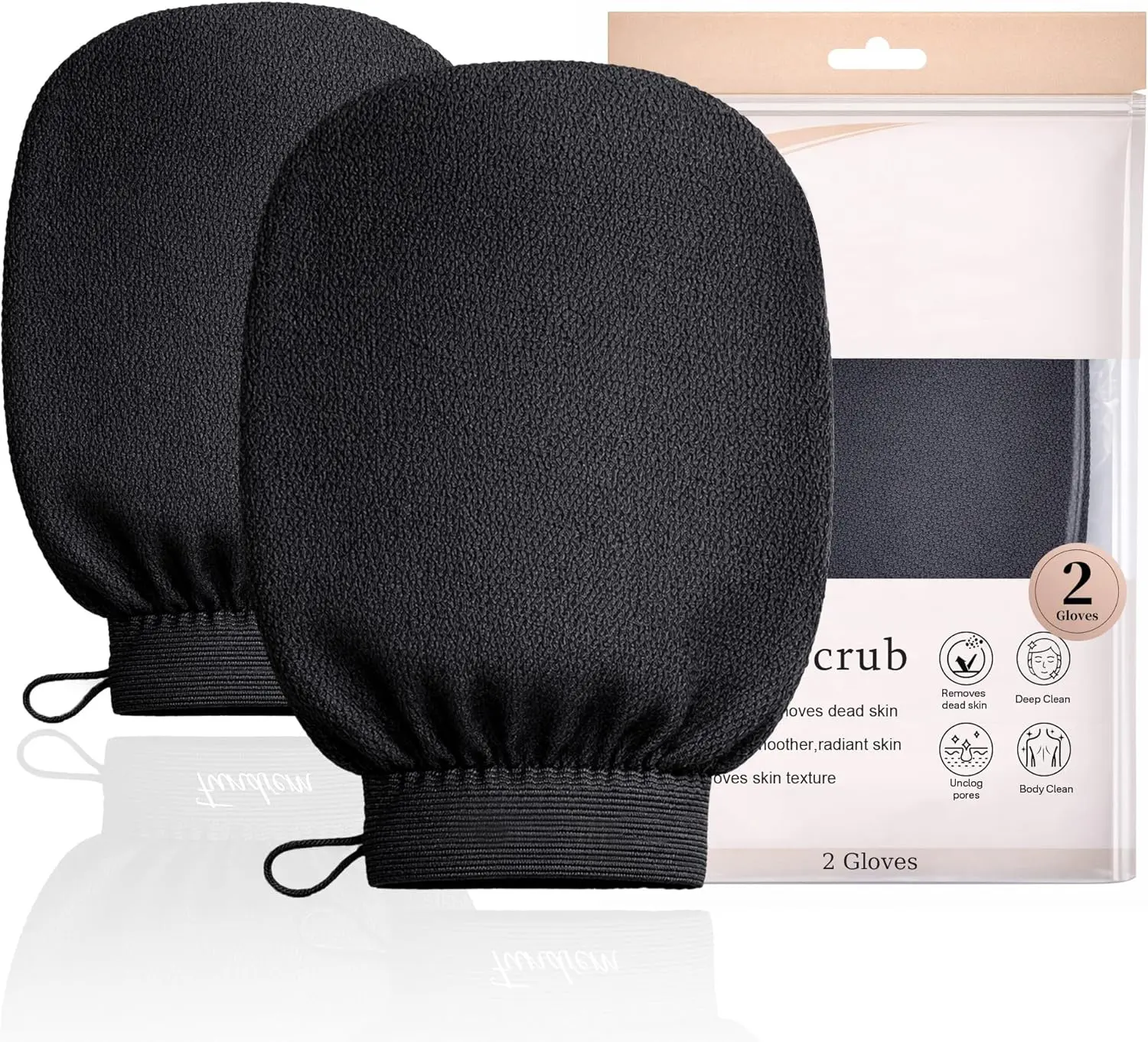 Adult 2-Pack Viscose Exfoliating Gloves, Dual-Sided Sponge Layer Bath Mitts, Eco-Friendly Unscented Oil-Absorbent African Net Sponges, Anti-Aging for Oily & Normal Skin, Black Bathroom Accessories