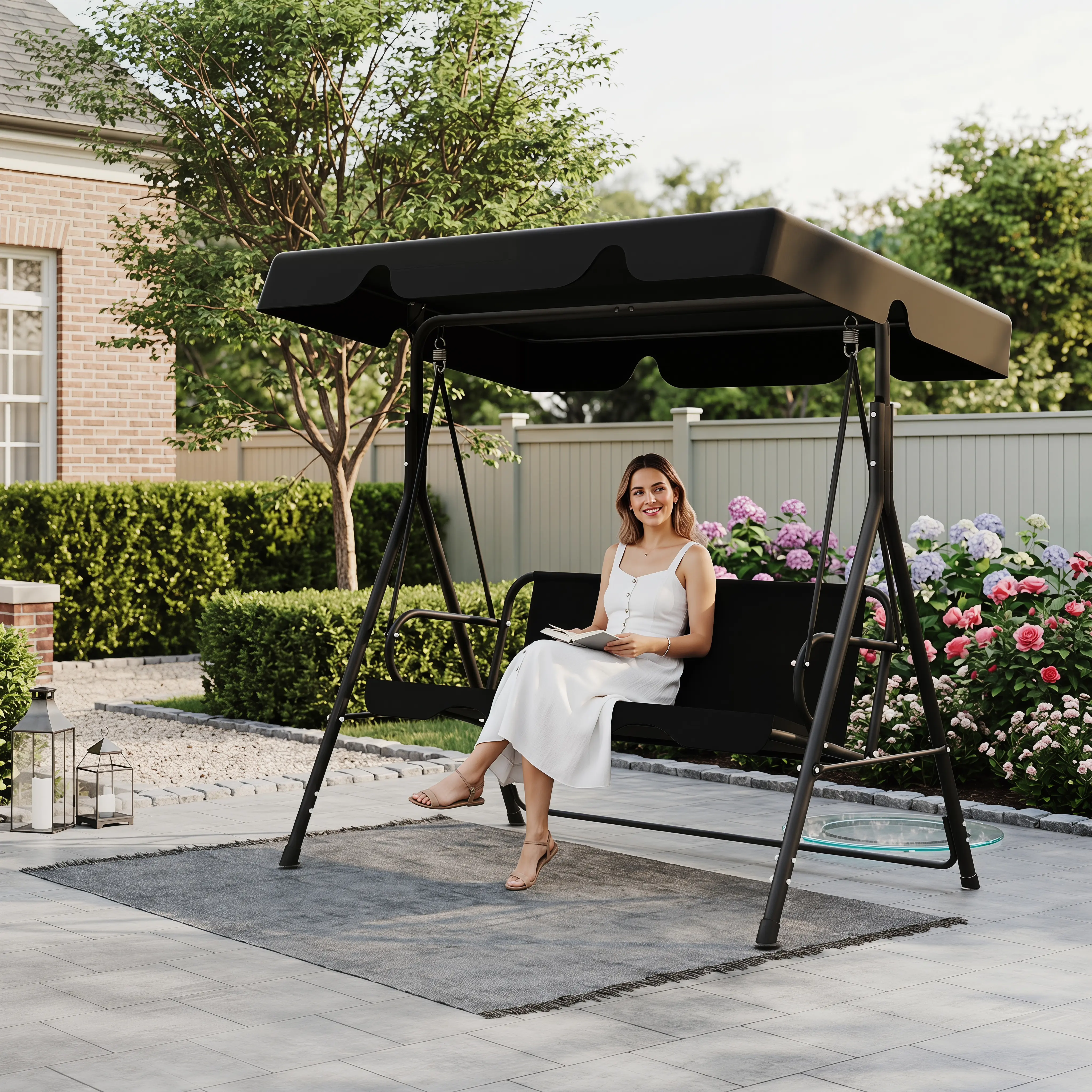 3-Seat Outdoor Porch Swing with 3-Person Capacity, Adjustable Canopy, Removable Fabric Cushion, Heavy-Duty Steel Frame - Backyard Patio Glider Bench for Family, Friends summerwins