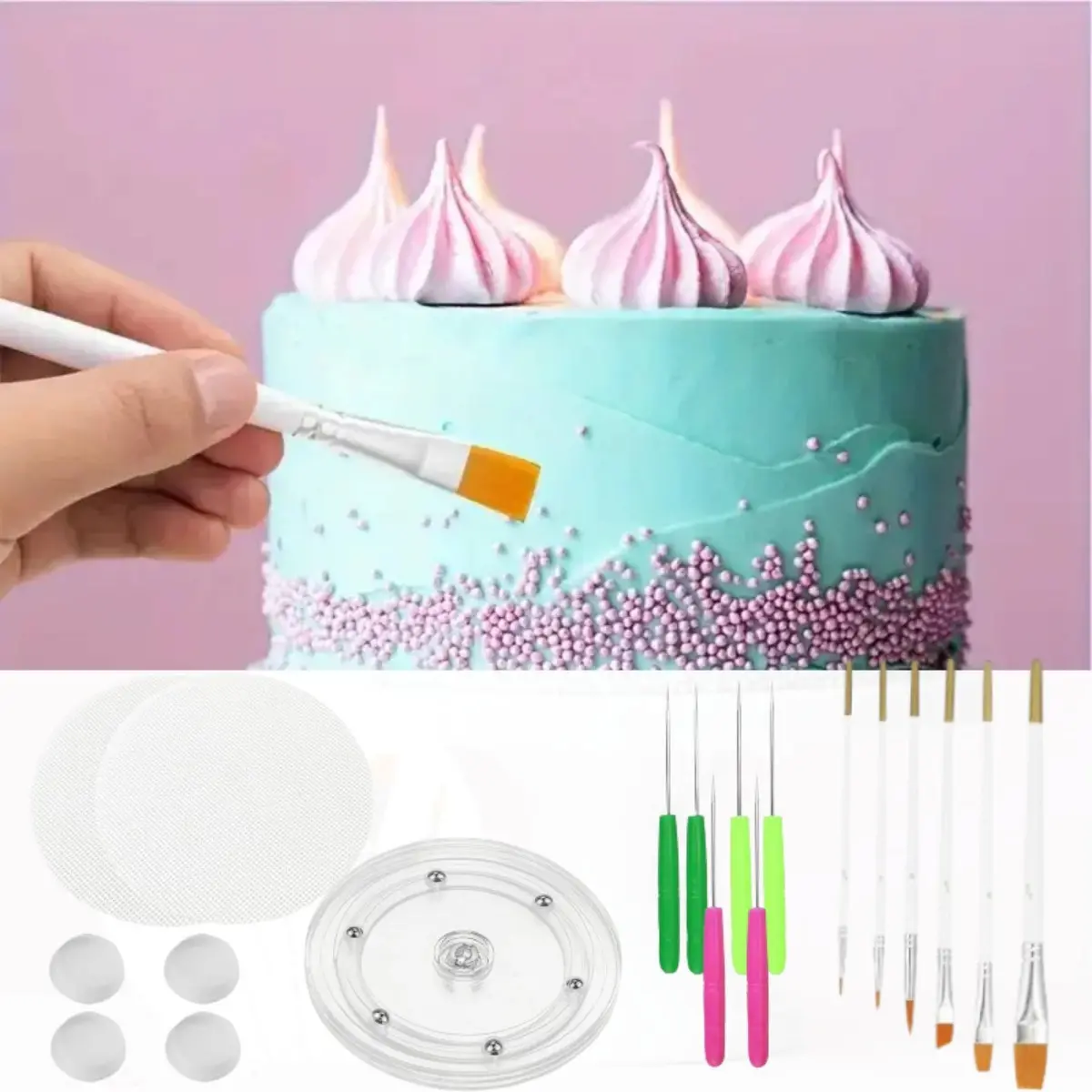 Cookie Decorating Kit Supplies Including 1 Acrylic Turntable 6 Scribe Needle 2 Silicone Mesh Mats 6 Cookie Decoration Brushes 4 Rubber Feet Bumpers