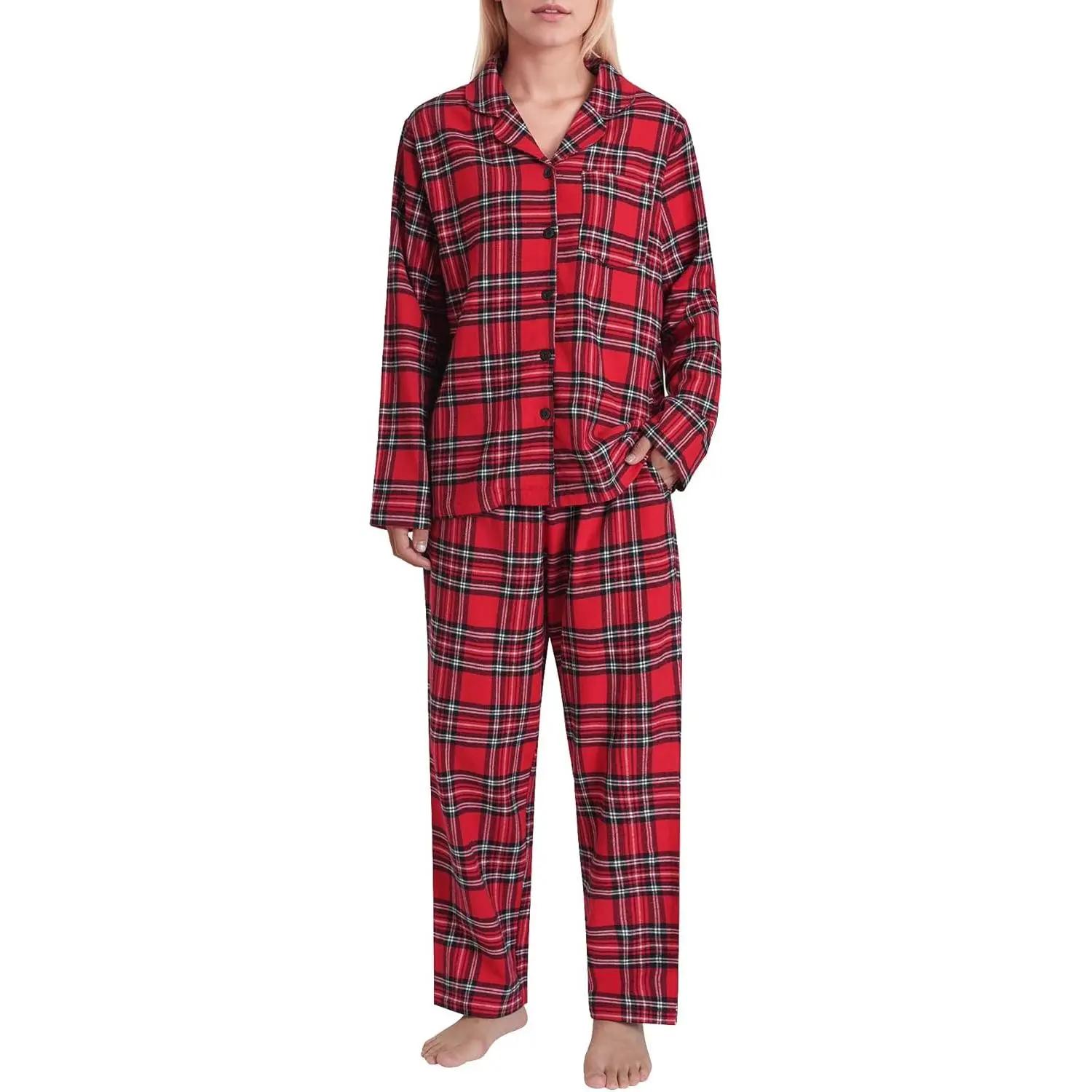 Women's Petite Cotton Flannel Button-Down Pyjamas Set - Long Sleeve Loungewear with Pyjama Bottoms for Indoor Recreation