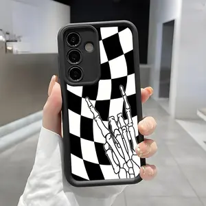 Checkered Skeleton Pattern Phone Case, Enhanced Camera Protection,Shockproof Skin-Friendly Touch Soft Cover for Samsung Galaxy S21 S22 S23 S24 S25 S26 Ultra Plus FE A13 A14 A15 A16 A17 A33 A34 A35 A36 A52 A53 A54 Note20