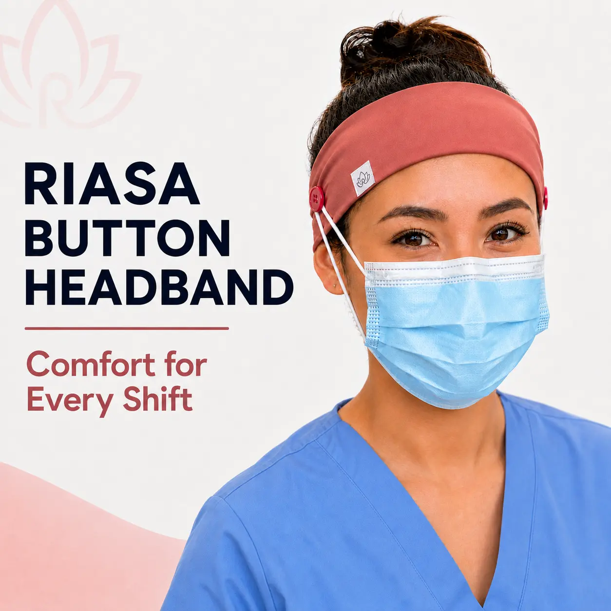 RIASA Wide Stretch Headband with Side Buttons for Mask Loops, Soft Performance Fabric for Nurses and Healthcare Workers