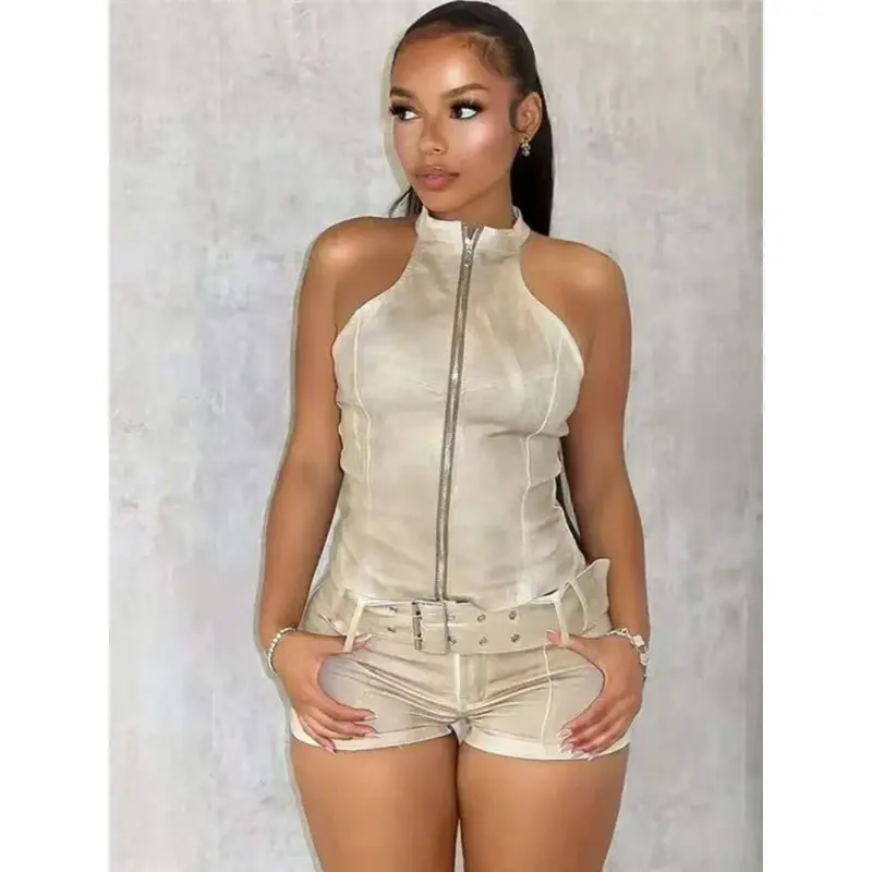 New2 piece sets women Distressed Style Denim 2 Piece Set Women Zipper Cardigan Sleeveless Crop Top+Skinny Shorts Hottie Street Hipster Suit