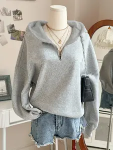 Women's Casual Hooded Half-Zip Sweatshirt, Loose Fit Thin Velvet Pullover, Simple Solid Color Top for Autumn Winter