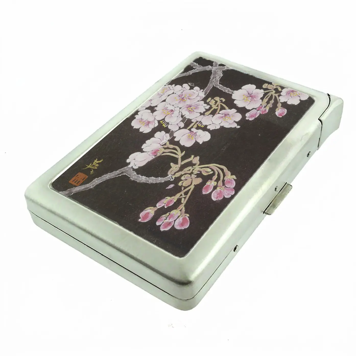 100'S SIZED Cherry Blossom Branch Vintage Design Metal Case Wallet with Built in lighter