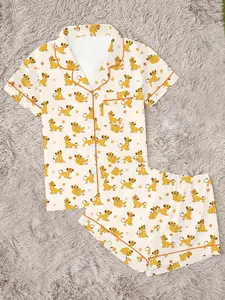 Adorable Lion Print Women's Pajama Set, Comfortable Two-Piece, Short Sleeve Button-Up Top & Elastic Shorts, Casual Home Wear, Loungewear, Pajama Outfit, Party Gift