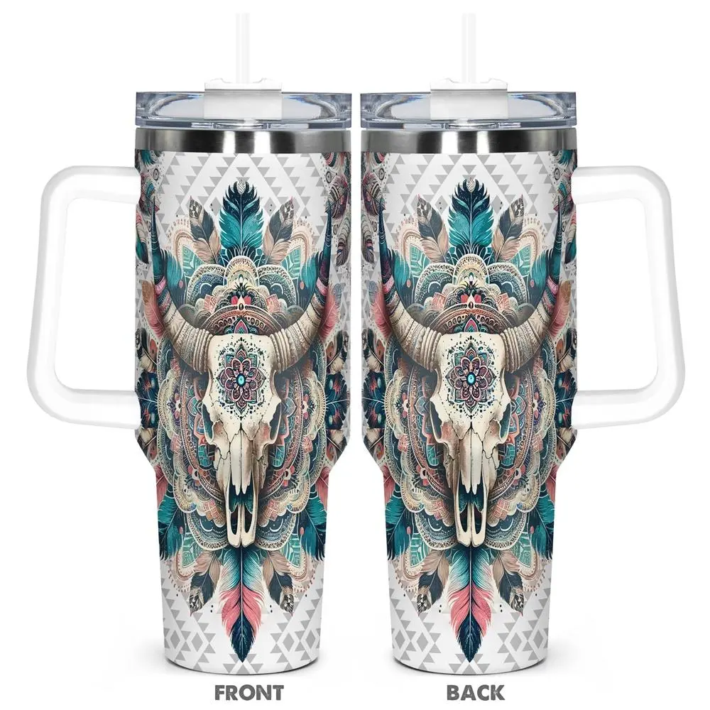40oz Tumbler, 1pc Gift, Stainless Steel Cup, Drinkware, Insulated and Durable, Pattern designs with cow skulls in Bohemian style, Full of exotic charm, Great gifts for people who love Bohemian culture, Ideal forhot or cold beverages