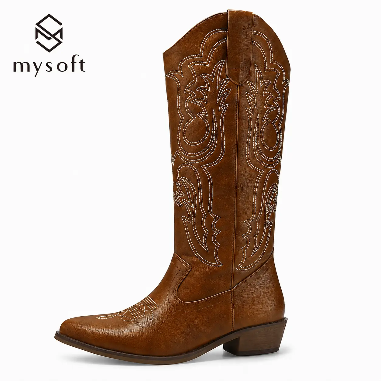 mysoft Women's Embroidered Mid-Calf Cowboy Boots - Pointed Toe, Chunky Angled Block Heel, Slip-On Textured PU Statement Decor - for Rodeo Outfit Inspo, Western OOTD, Cowgirl Fashion, Casual All-Seasons Wear