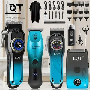 [Father's Day] LQT 5-in-1 Gradient Blue Professional Barber Kit, Hair Clipper, T-Trimmer, Detail Trimmer, Electric Shaver & Nose Hair Trimmer Set, Cordless LED Digital Display, USB Rechargeable, Complete Barber Accessories, Premium Men’s Grooming Gift Set