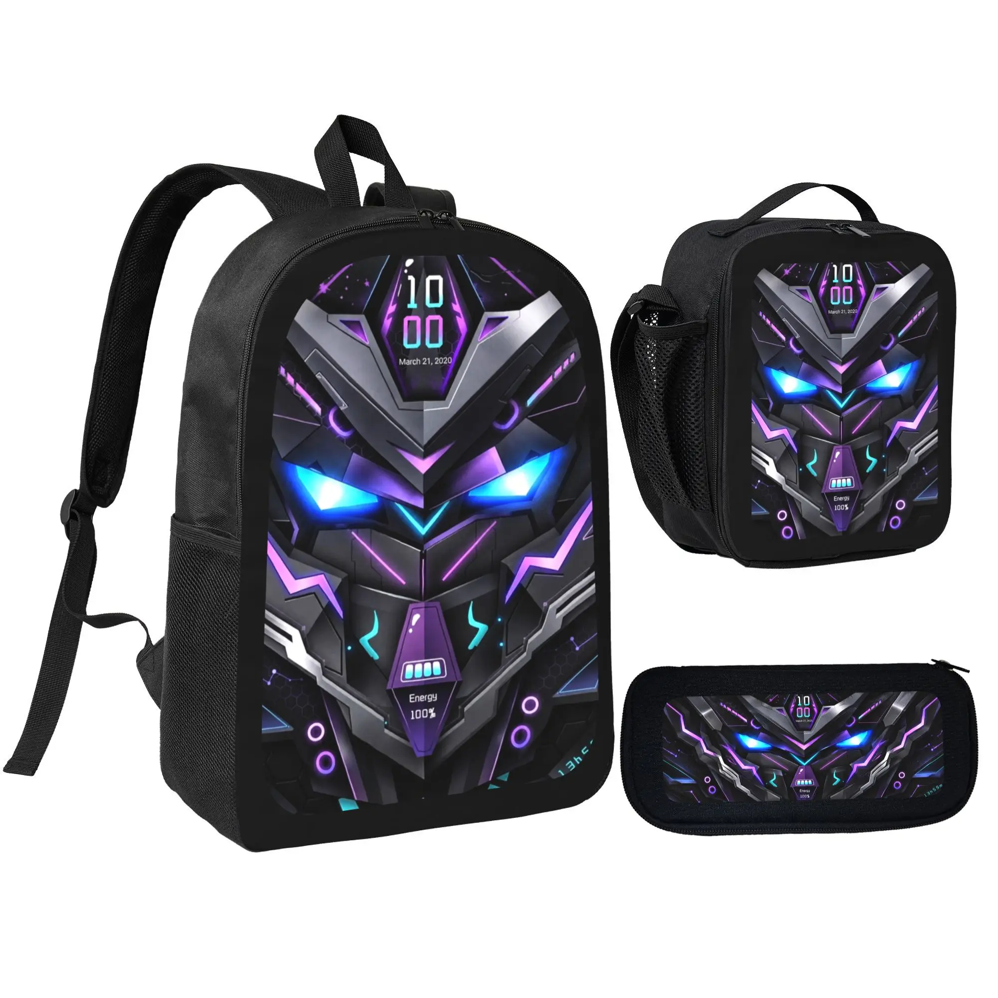 Men's 3-In-1 Cyber Mecha School Set - Neon Purple Robot Face 600D Oxford Sci-Fi Backpack, Insulated Lunch Bag, Pencil Case for Male Teens