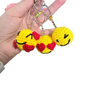 Stylish Keychain, Hand-Woven Cotton Emoji Keychain, Yellow Smiley Face Design, Perfect for Bags and Keys